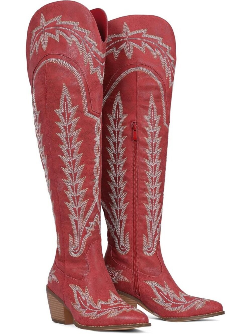 Women's Red High Thigh Embroidered Western Pointed Toe Chunky High Heel Boots